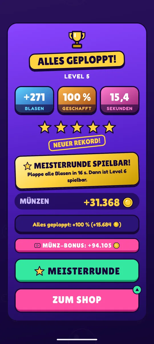 Ergebnis, wenn alles geploppt ist: 100 % der Blasen, 5 Sterne, 68.950 Münzen.