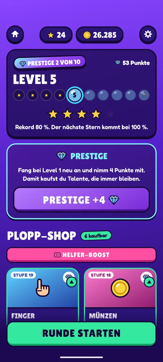 Die Übersicht zwischen den Runden: Level 5 von 10, 4 Sterne, der Knopf „Prestige +4“ und der Shop.