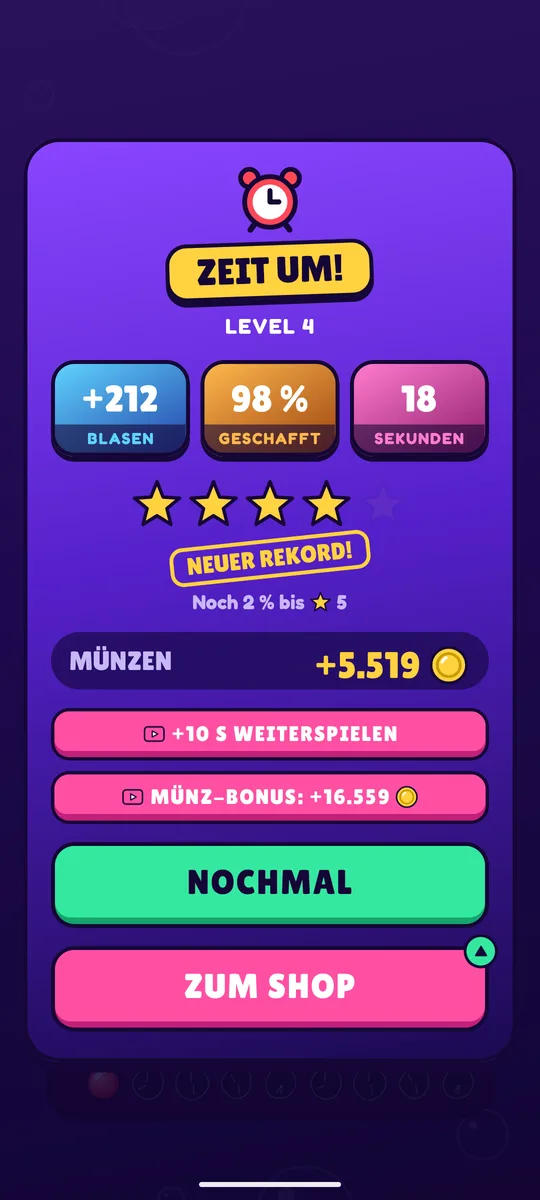 Ergebnis „Zeit um!“: 98 % der Blasen, 4 Sterne, 27.711 Münzen.