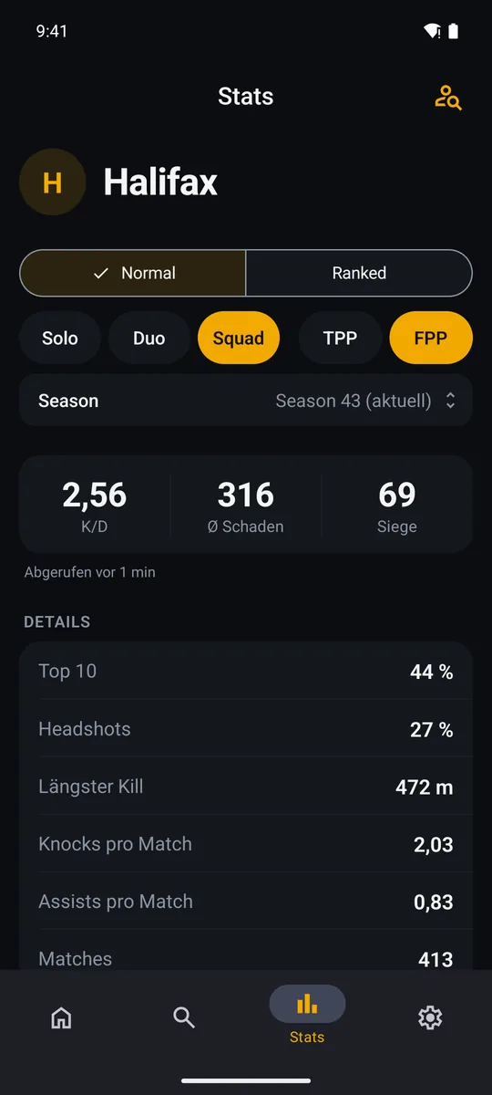 Der Tab Stats für Halifax: Normal, Squad FPP, Season 43. K/D 2,56, 316 Schaden im Schnitt, 69 Siege, darunter die Details.