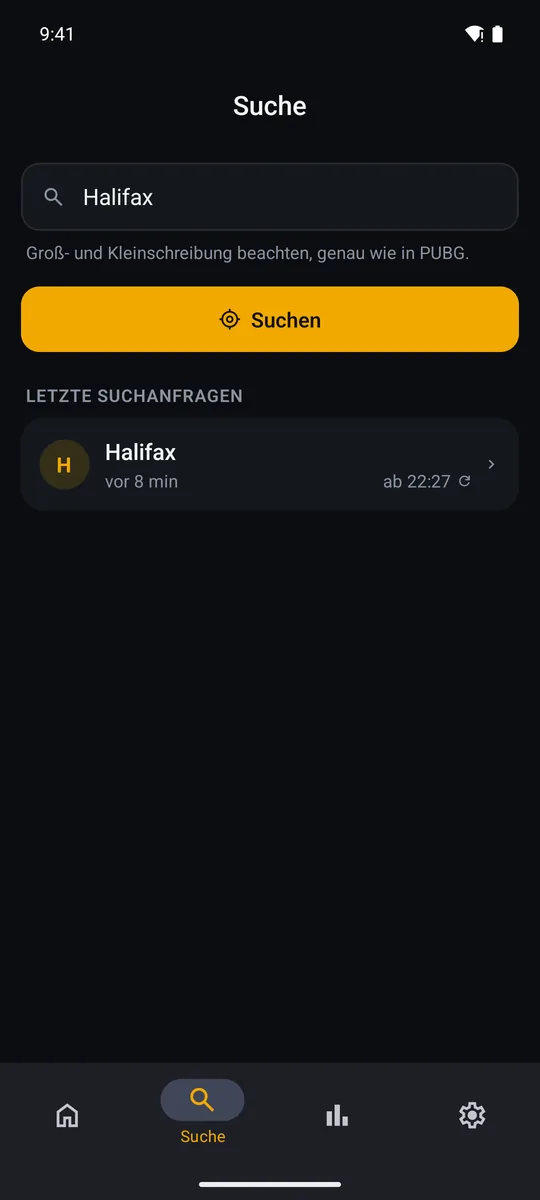 Der Tab Suche: im Namensfeld „Halifax“, der Knopf „Suchen“ und die letzten Suchanfragen.