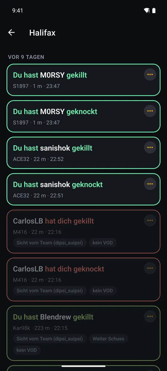 Treffer für Halifax vor 9 Tagen: grüne Karten für „Du hast … gekillt“, rote für „hat dich gekillt“. Treffer ohne VOD sind blasser.